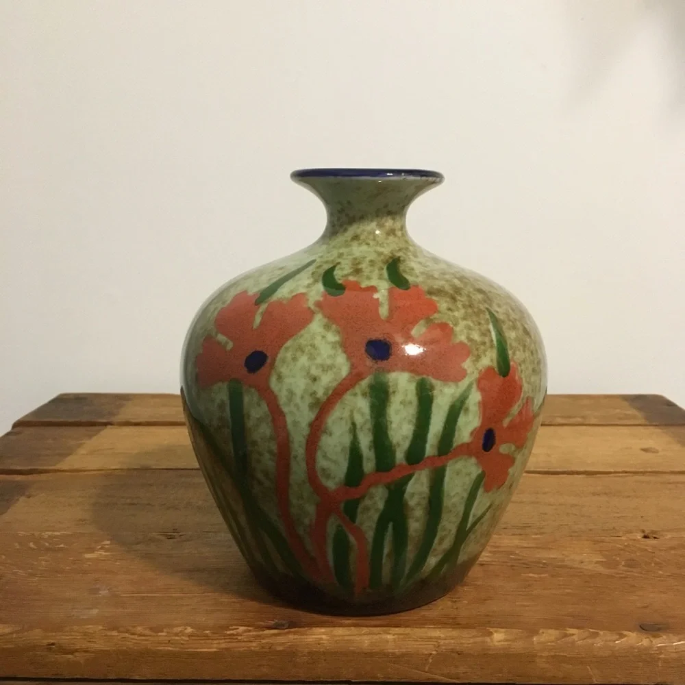 Vintage Pier 1 Imports Poppy Floral Vase Gourd Shaped Glazed Ceramic Speckled